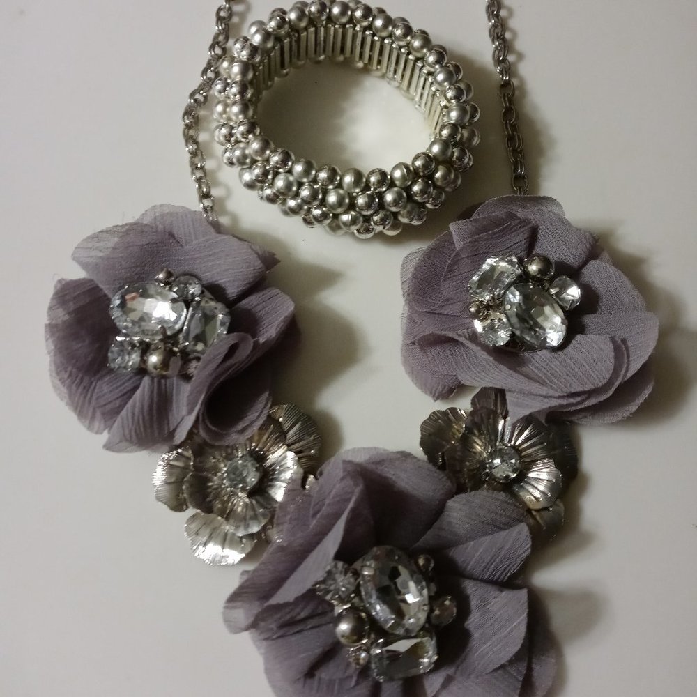 Grey fabric and rhinestone necklace